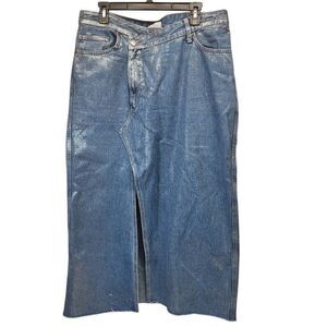 ZARA Women's XL Trf Metallic Silver Denim Asymmetrical Midi Skirt